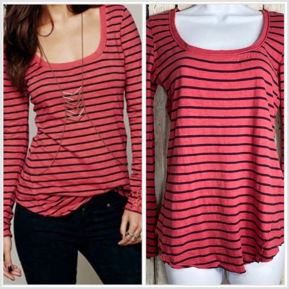 Free People Hard Candy Crochet Cuff long sleeve striped tee size Medium
